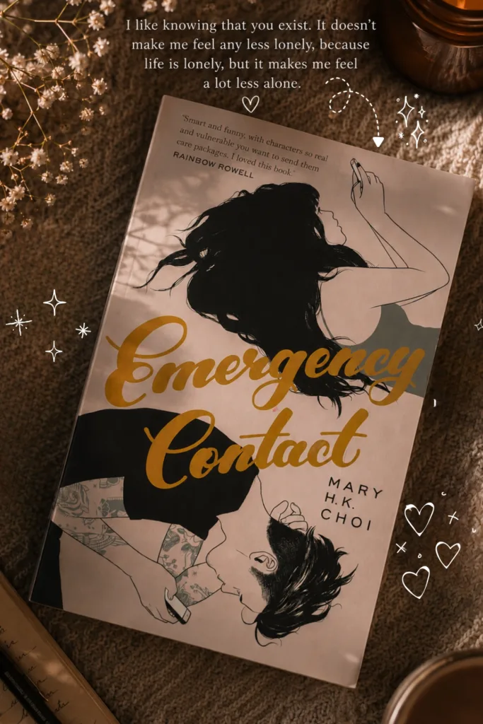 A photo of the physical copy of Emergency Contact by Mary H. K. Choi on a soft blanket background with pressed flowers and a quote on the top with some decorative hearts and arrows