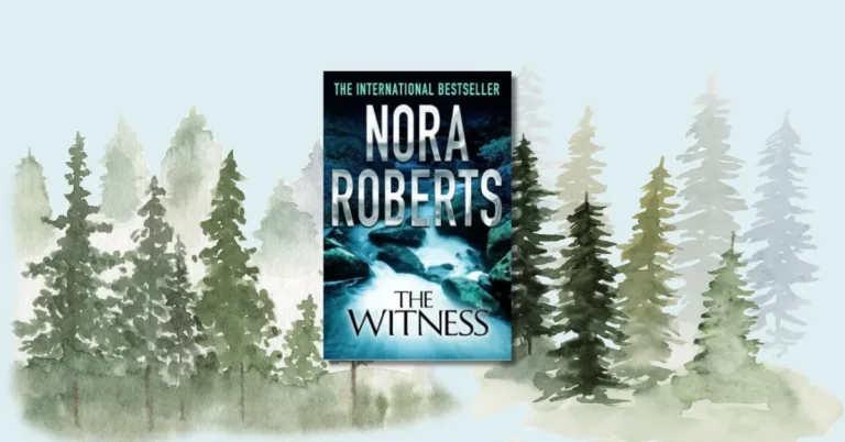 a graphic showing the cover of the witness by nora roberts (book) on a foresty background