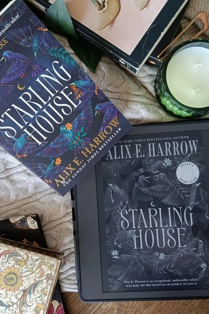 A photo of the Starling House by Alix E. Harrow paperback edition next to the Starling House e-book edition on Kindle Scribe.